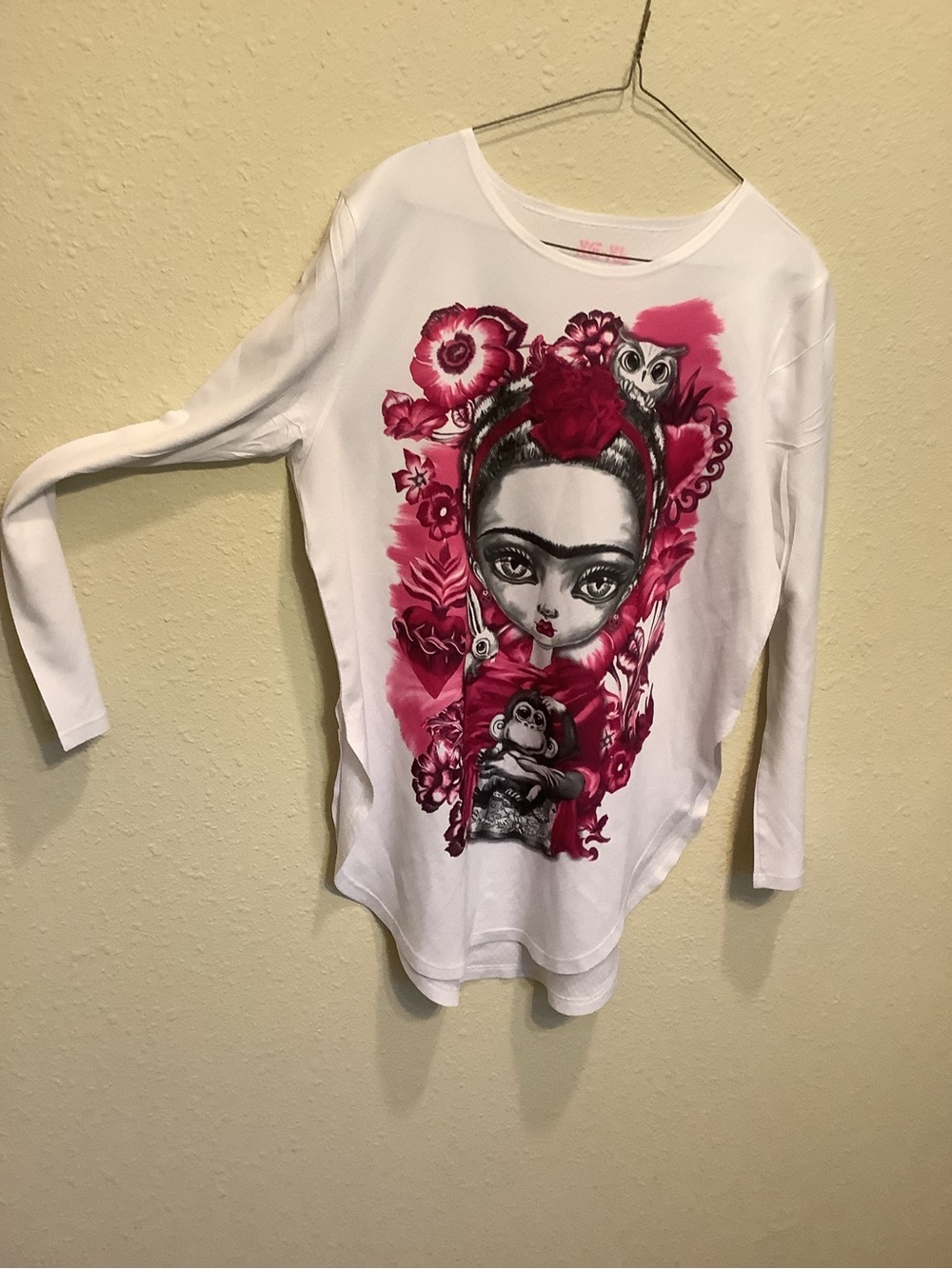 White Long-Sleeve Graphic Blouse with Pink Floral Portrait Print